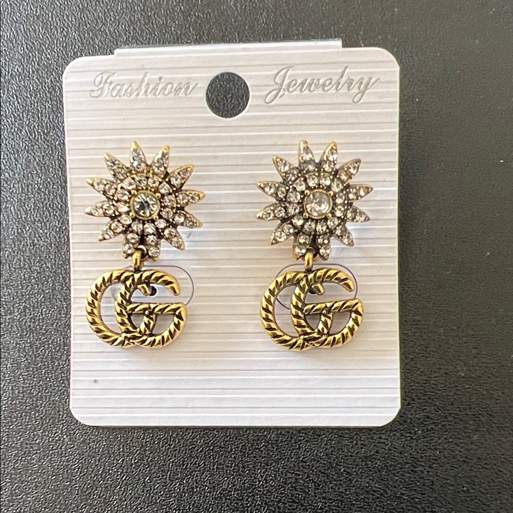 Monogrammed Gold and Rhinestone Earrings